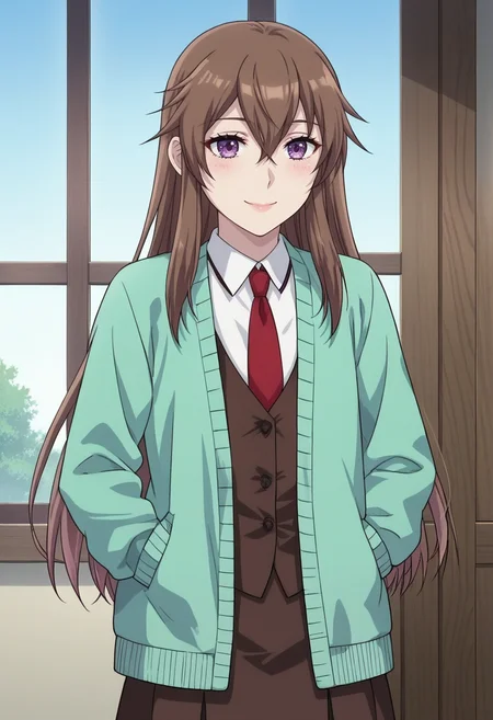 score_9, score_8_up, score_7_up, source_anime,anime screencap, anime coloring,intricate details,rating_safe, masterpiece, best quality,
(best quality, absurd res, ultra detailed),1girl, ((solo)), good eyes,perfect eyes,,detailed eyes, zPDXLxxx , zPDXL3,detailed, detailed face, <lora:add-detail-xl:3>,(4 finger)
BREAK
<lora:Hwan_Seong-A:0.8>, Seong-A, 1girl, purple eyes, brown hair, long hair, hair between eyes,  
green cardigan, white shirt, red necktie, brown vest, brown skirt,
BREAK
solo, indoors, standing, view,
smile