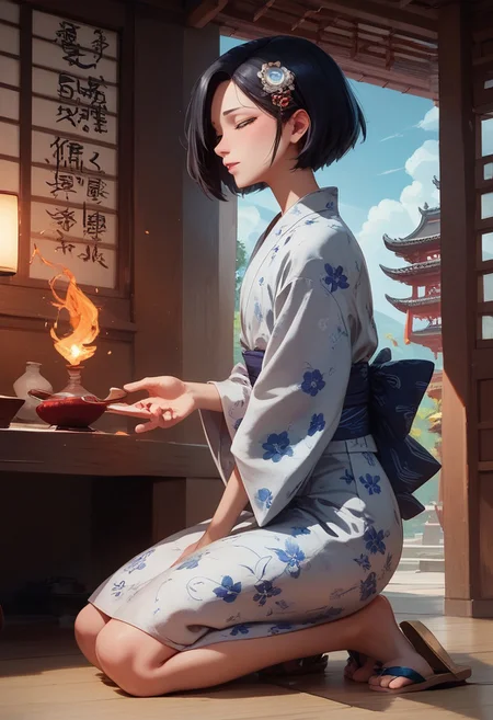 score_9, score_8_up, score_7_up, 1boy, femboy, otoko no ko, short hair, bob cut hair, black hair, grey eyes, gray eyes, feminine face, toned body, Shelly, jyojifuku, yukata, japanese clothes, floral print,hair ornament,sandals, kneeling, head down, eyes closed, holding incense, side view, highly detailed, intricate, zzCitronLegacy, inside, Shinto temple, altar, burning incense, crowded