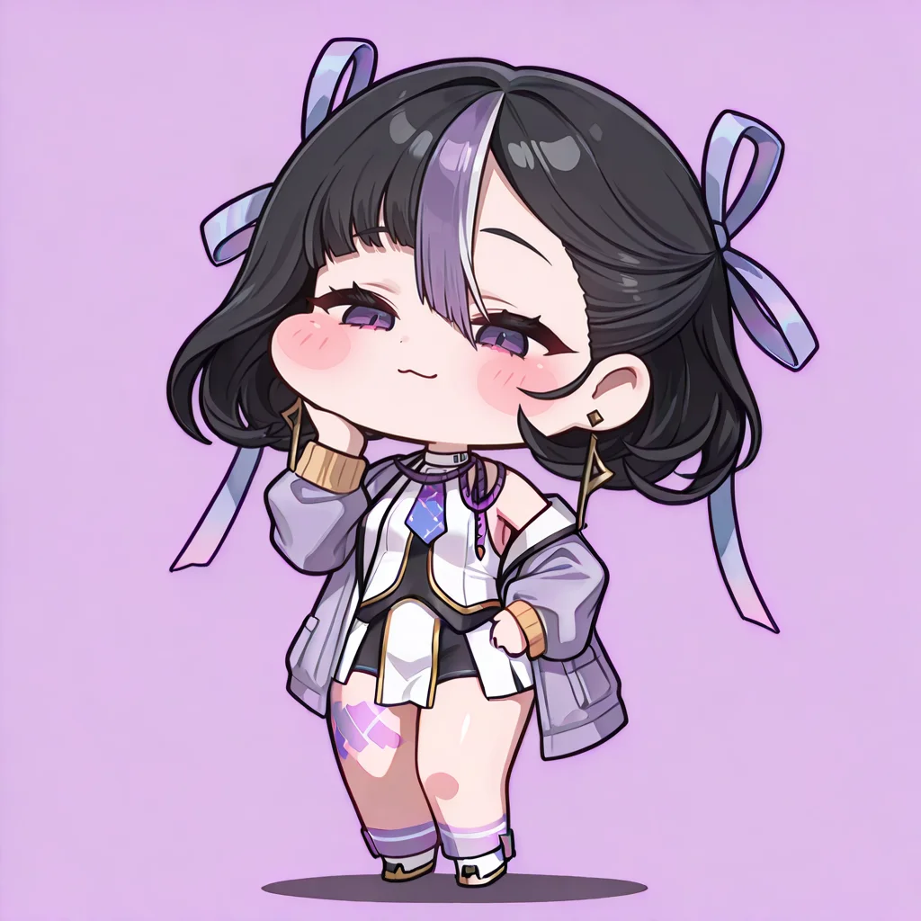 <lora:syuenIL01:1>,syuen \(nikke\),score_9,score_8_up. score_7_up,masterwork,masterpiece,chibi,purple ribbon,<lora:trickcal_style_ilxl_v1:1>,1girl,solo,simple background,standing,