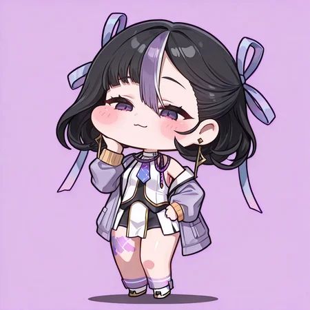 <lora:syuenIL01:1>,syuen \(nikke\),score_9,score_8_up. score_7_up,masterwork,masterpiece,chibi,purple ribbon,<lora:trickcal_style_ilxl_v1:1>,1girl,solo,simple background,standing,