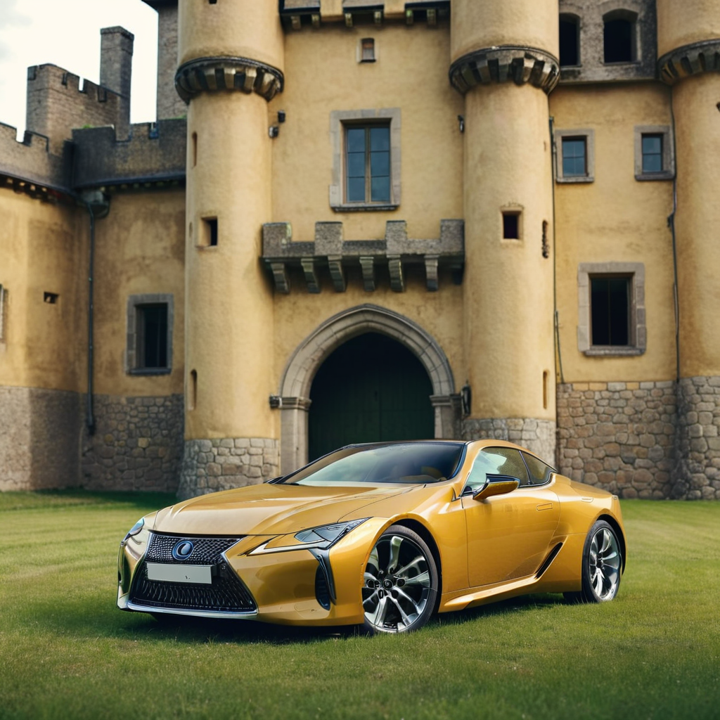 realistic photo of a yellow lexuslc car on green grass in front of an old castle, outside, cinematic,  <lora:LexusLC_SDXL_v1:1>
