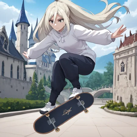 freebo_kickflip, high quality, absurdres, 4k res, masterpiece, skateboard, solo, jumping, air, source_anime, score_7_and_up, good hands, good eyes, 1girl, Elentzia_TR, pale blonde hair, ponytail, gray eyes, castle background, freebos_smoothiestyle