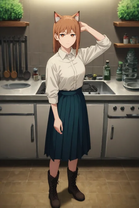 score_9, score_8_up, score_7_up, source_anime, rating_safe, intricate details, semi-realistic, looking at viewer, depth of field, 1girl, coral eyes, ash brown hair, collared shirt, pleated skirt, cat ears, coral footwear, boots, solo, rule of thirds, kitchen, indoors, dark, arm up, expressionless, <lora:chainsaw_man_style_pony:0.66>, chainsaw_man_style, , <lora:sdxl_lightning_8step_lora:1>
