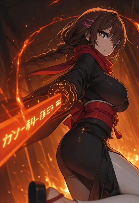 safe_pos, incredibly absurdres, highres, masterpiece, newest, best quality, high quality, 8K, HDR, 4ur4_illu, shiny, eye_focus, OregairuStyle

(Girl:0.0), 1girl, solo, cute, attractive, brown hair, long hair, worn in two braids, bangs, pink hairclips, grey eyes, ultra-detailed anime eyes, swirling flames inside irises, celestial reflections, galaxy-like pupils, round eyes, breasts, Meguri Shiromeguri
 \(Oregairu\), kimono, large breasts, black kimono, long sleeves, wide sleeves, obi, sash, long white leggings, sandals, red scarf, 

(Pose:0.0), ((looking at viewer)), aiming sword at viewer,

(Emotion:0.0) serious, closed mouth,

(Scene:0.0), from side, cowboy shot, limited palette, dynamic action, blurry, depth of field, dynamic pose, dynamic composition, dutch angle, depth of field, white_theme, detailed backgroud, foreshortening, blurry edges,