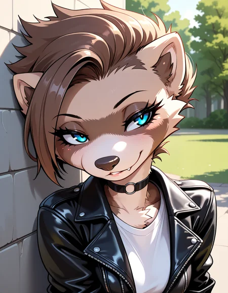masterpiece, best quality, very aesthetic, absurdres,
outdoors,
upper body, headshot,
t-shirt, leather jacket,
seductive smile, parted lips, long eyelashes,
<lora:MiX_v01_NAIXL:1>
M1x,1girl,solo,furry,furry female,brown hair,short hair,blue eyes,snout,animal nose,fang,choker,body fur,two-tone fur,browm fur,claws,white fur,