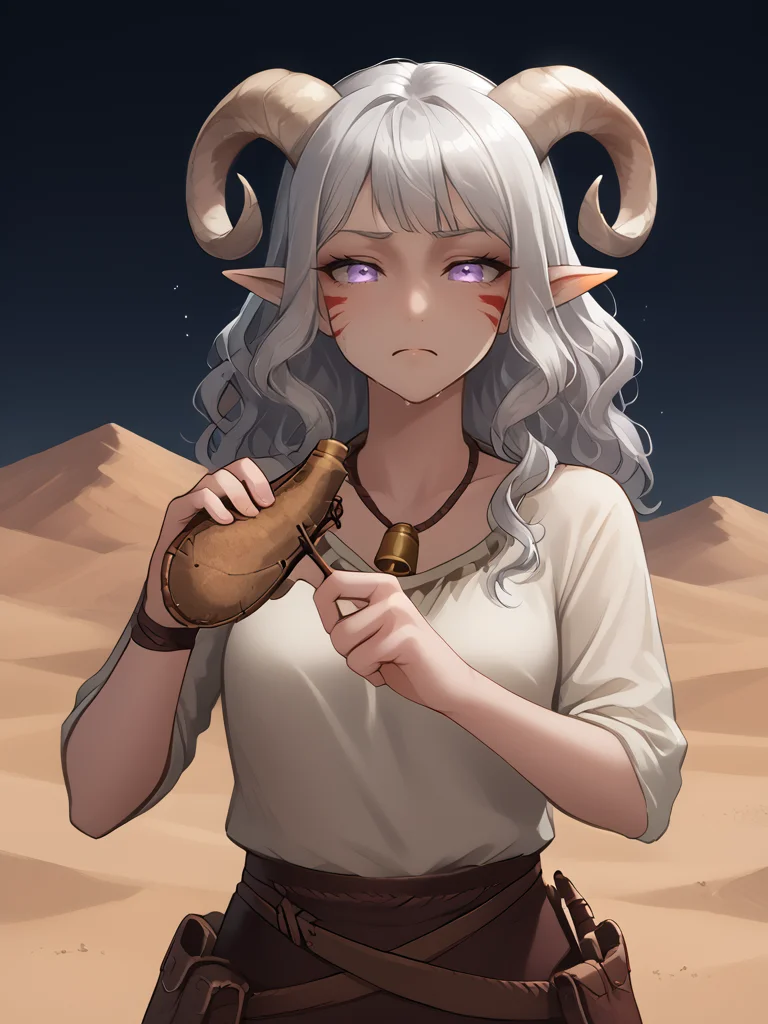 source_furry, score_7_up, rating_safe, source_anime, anime face, <lora:whisker_markings:0.8>red whisker_markings, silver long wavy hair, bell necklace, short pointy ears, purple eyes, <lora:age_slider_v4:0.6>
waterskin:1.5, on wrist:1.4, belt, holding waterskin by right hand:1.5, water drop, sweat,
<lora:Smooth Style 2 SDXL_LoRA_Pony Diffusion V6 XL:0.4> tired:1.2 , open eyes, <lora:Test_Diana:0.8> tiefling_bard_diana:1.2, <lora:INKxXmo shaded face:0.5> Shaded FaceINKxXmo Dark Theme,
<lora:waterskin:1.8> desert,