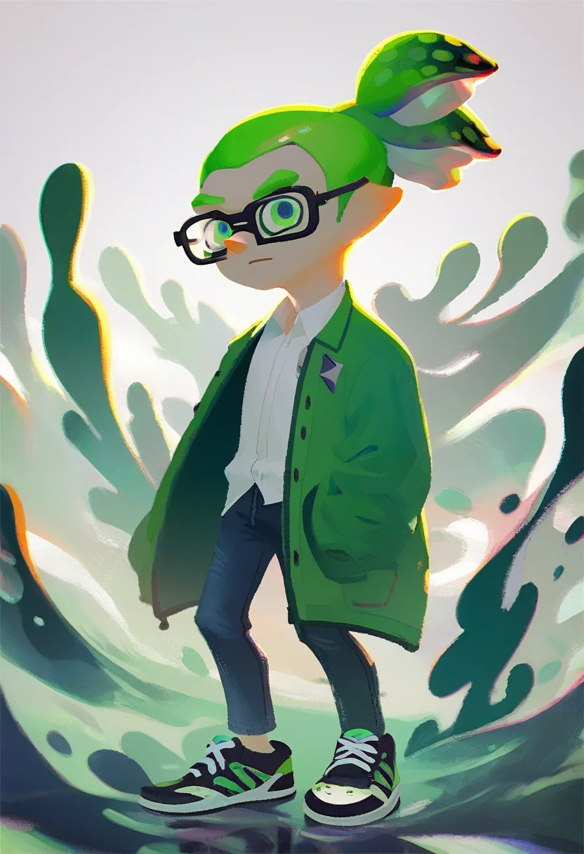 score_9, score_8_up, score_7_up, BREAK,
evening lighting, full body shot, a solo MALE inkling standing Infront of a white background, evening lighting, wearing black tennis shoes white laces, black jeans, wearing white shirt, (dark green jacket), glasses, green eyes, swirl hair up front, ink wave splashes in the background <lora:SplatoonXLLocon:1>