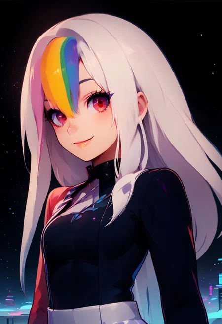 score_9, score_8_up, score_8, medium breasts, (curvy), cute, eyelashes, rating_safe,
(rainbow colors, color spectrum, style-paintmagic),
BREAK,
Roxy_Citron_OC, 1girl, solo, red eyes, white hair, rainbow hair, long hair, streaked hair, hair between eyes,
looking at viewer, smile,
BREAK,
zzirisviel, white hair, red eyes,
long hair, rainbow shirt, white skirt,
BREAK,
dynamic angle, stars, floating, colorful, pink, blue eyes, black bow, from side, on back, spaceship, technological,
zPDXL,