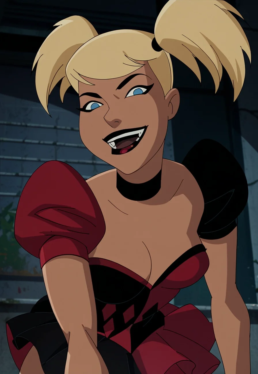 score_9_up, score_8_up, score_7_up, <lora:Harley_quinn_and_Poison_ivy_PDXL:1>, harley quinn, blonde hair, solo, blue eyes, breasts, cleavage, open mouth, smile, looking at viewer, skirt, harley quinn waitress costume solo, best quality, high quality