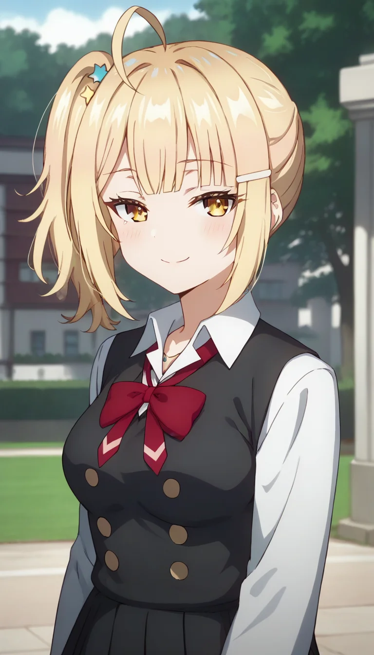 score_9,score_8_up,score_7_up,score_6_up BREAK official art,solo,outdoors,upper body,(portrait:1.5),looking at viewer,facing viewer,smile,blush,Miyamae Nonoa,ahoge,blonde hair,medium hair,side ponytail,star hair ornament,hairclip,sidelocks,blunt bangs,yellow eyes,school uniform,grey jacket,cropped jacket,open jacket,wing collar,red bowtie,black dress,pleated dress,double-breasted,collared shirt,white shirt,medium breasts,long sleeves,white socks,loafers,brown footwear,<lora:Miyamae Nonoa(tsrdta)-Pony:1.4>,