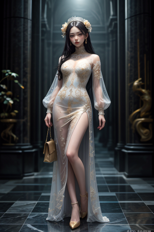 masterpiece,best quality,absurdres,high details,8K,photorealistic,<lora:Concept_-_Hella-sthetic_v2:0.7>,(fullbody:1.20), white and golden mixed colors of Marble-statue wearing a see-through long dress Long-sleeved bishop style with holding square mini-size handbag, wearing Stiletto High heels 35cm a magazine shoot-style, See-Through Long Dress Fluttering in the Wind, real photo, 5D render, Best Quality:1.4, High Quality:1.4, High resolution:1.4, professional drawings:1.4, best drawings:1.4), 64k details drawings:1.4, extremely detailed, 64k png images Ultra QD_OLED, intricate_details:1.4, Rich vivid colors:1.2, looking faraway unzoomed full body whole head to toes:1.4, best fingers, clean nails:1.4<lora:Concept_-_PicXer_bSide:0.7>,