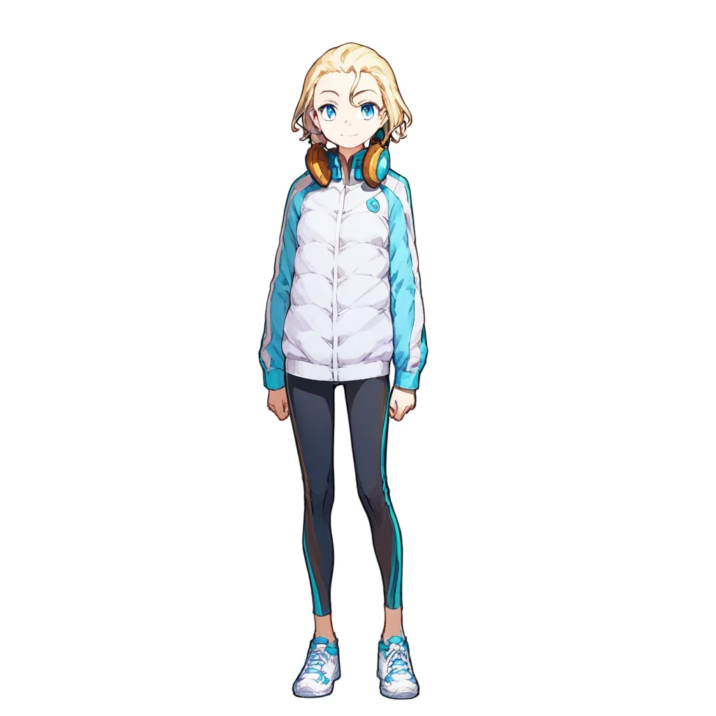 score_9, score_8_up, score_7_up, patricia birdway, toaru, 1girl, 1girl, solo, blonde hair, headphones around neck, blue eyes, headphones, smile, shoes, white background, full body, short hair, simple background, looking at viewer, pants, jacket, standing, sneakers, leggings, long sleeves