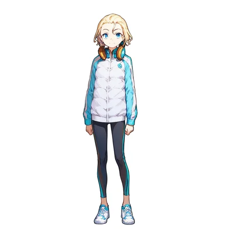 score_9, score_8_up, score_7_up, patricia birdway, toaru, 1girl, 1girl, solo, blonde hair, headphones around neck, blue eyes, headphones, smile, shoes, white background, full body, short hair, simple background, looking at viewer, pants, jacket, standing, sneakers, leggings, long sleeves