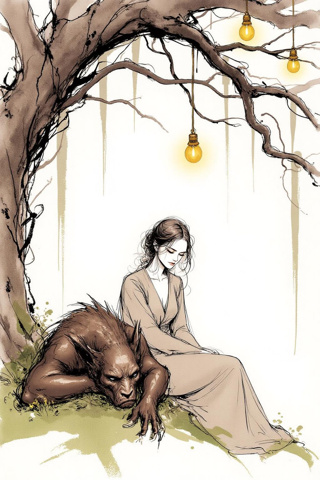nijiwc1 watercolor ink wash brush style illustration. A beautiful woman and a sleeping demon. The woman sits gracefully under a sprawling tree with lush, curving branches and hanging vines. Her expression is calm and serene as she gazes thoughtfully into the distance. Resting his head gently on her lap is a large demon with a powerful, otherworldly presence. The demon, though fearsome in size, appears vulnerable as he lies beside her. His skin has a muted, earthy tone, and his features--sharp and beastly--are softened by a look of weary contentment. His claws are retracted, and he exudes a mixture of strength and peace in her presence. The tree's twisted branches arc above them, framing the scene like a natural canopy. Golden lamps hang from the tree, casting warm, soft light, illuminating the two figures in a magical glow. The background is stark white <lora:inkwash_niji_nocap_d6a3:1.0><lora:806948484604286132:0>