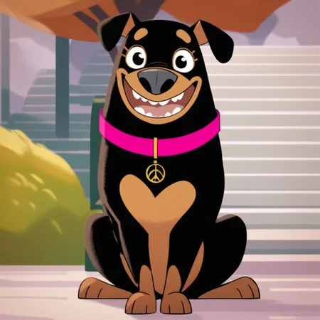 score_9, score_8_up, score_8, score_7, source_cartoon, Roxy, solo, 1girl, feral, dog, doggirl, Rottweiler, black and tan fur, tan paws, tan belly, tan muzzle, docked tail, black eyes, gray nose, small ears, pink collar, peace symbol tag, open mouth, smiling, tongue out, sitting, looking at viewer, park background