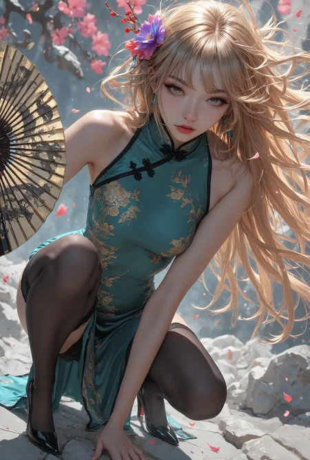 masterpiece, detailed_eyes, high_quality, best_quality, highres, subject_focus, depth_of_field, dynamic lighting , dynamic angle, detailed_eyes, 1 girl, blonde hair, messy_hair, brown_eye, eyelashes, detailed_background, dramatic_angle, face_focus, small_breasts, looking at viewer,wearing Jedchsm, cheongsam, slit dress, flower hairpin, thigh highs, high heels, dynamic sexy pose, close up, bending forwards, chinese fan, zen garden <lora:DetailedEyes_V3:0.4> <lora:CheongsamIL-000002:0.75>