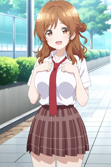 anime screenshot, izumi yuzu, 1girl, solo, brown hair, long hair, single side bun, brown eyes, mole under mouth, large breasts, school uniform,white shirt, collared shirt, short sleeves, red necktie, brown skirt, plaid skirt, pleated skirt, earrings, looking at viewer, smile, open mouth, hands on own chest, cowboy shot, outdoors, masterpiece, best quality, high quality, highres, absurdres, <lora:izumi_yuzu_ILXL:0.9>