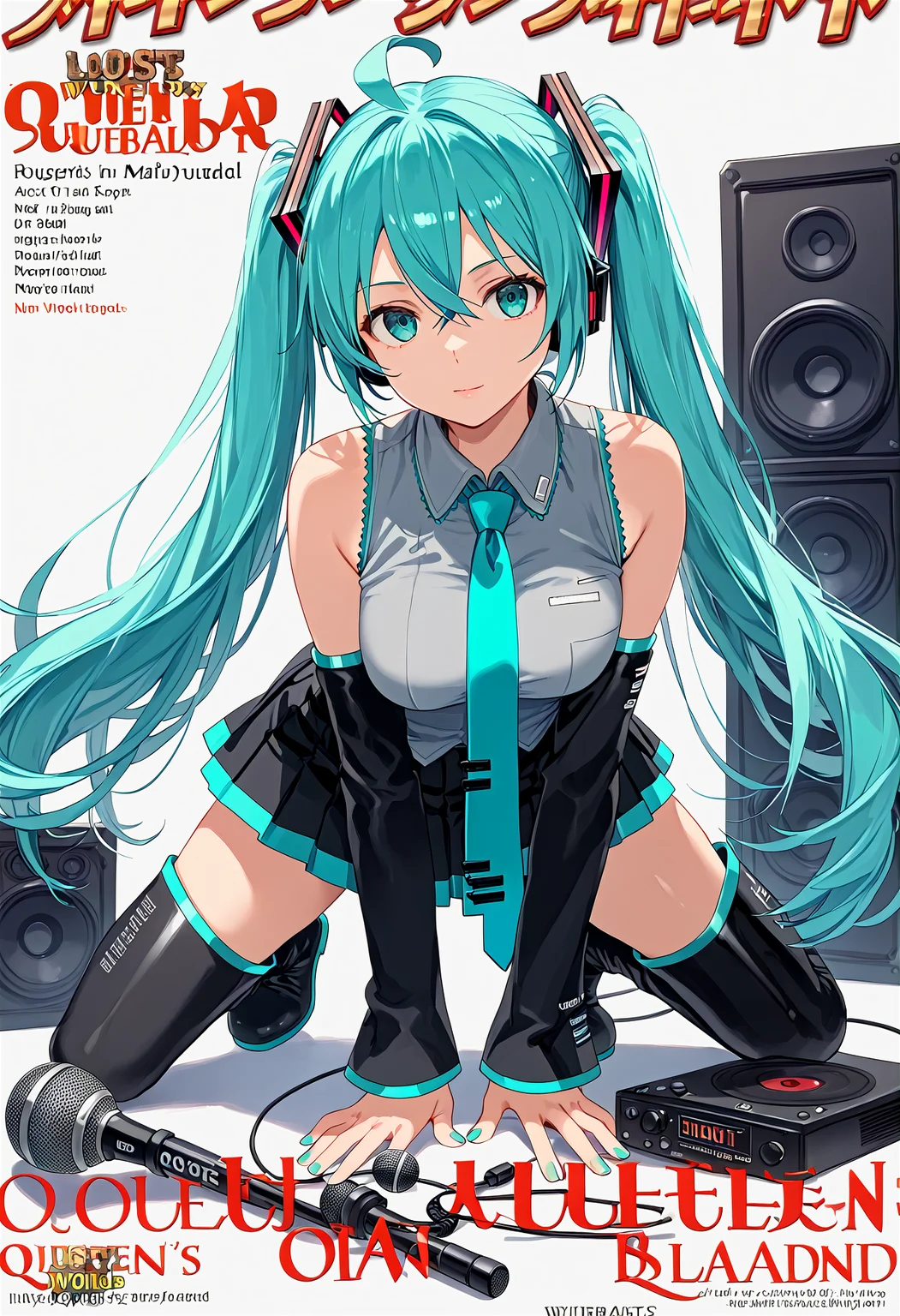 <lora:1_QB_Title_PONY_V1:1>(qb_title:1.2), (Title logo:1.2), Title Text, cover, zoom layer, Multi-layer, character name, author name, copyright name, watermark, simple background, white background, book cover, game cover,
1girl, solo, (full body), long shot, afterimage, look at viewer,
weapon, armor,
Sound set, microphone, speaker, loudspeaker, cables,
all fours,
mikuhatsune, miku hatsune, ahoge, aqua eyes, aqua hair, crossed bangs, hair between eyes, hair ornament, headphones, long hair, twintails, mature female,
aqua necktie, black footwear, black skirt, black sleeves, boots, collared shirt, detached sleeves, grey shirt, necktie, pleated skirt, shirt, skirt, sleeveless, sleeveless shirt, thigh boots, tie clip,
(nsfw:1), (Uncensored:1), score_9, score_8_up, score_7_up, score_6_up, score_5_up, score_4_up,