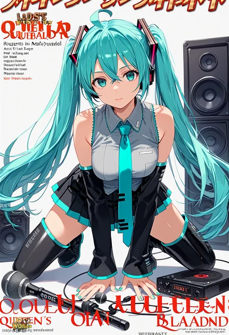 <lora:1_QB_Title_PONY_V1:1>(qb_title:1.2), (Title logo:1.2), Title Text, cover, zoom layer, Multi-layer, character name, author name, copyright name, watermark, simple background, white background, book cover, game cover,
1girl, solo, (full body), long shot, afterimage, look at viewer,
weapon, armor,
Sound set, microphone, speaker, loudspeaker, cables,
all fours,
mikuhatsune, miku hatsune, ahoge, aqua eyes, aqua hair, crossed bangs, hair between eyes, hair ornament, headphones, long hair, twintails, mature female,
aqua necktie, black footwear, black skirt, black sleeves, boots, collared shirt, detached sleeves, grey shirt, necktie, pleated skirt, shirt, skirt, sleeveless, sleeveless shirt, thigh boots, tie clip,
(nsfw:1), (Uncensored:1), score_9, score_8_up, score_7_up, score_6_up, score_5_up, score_4_up,