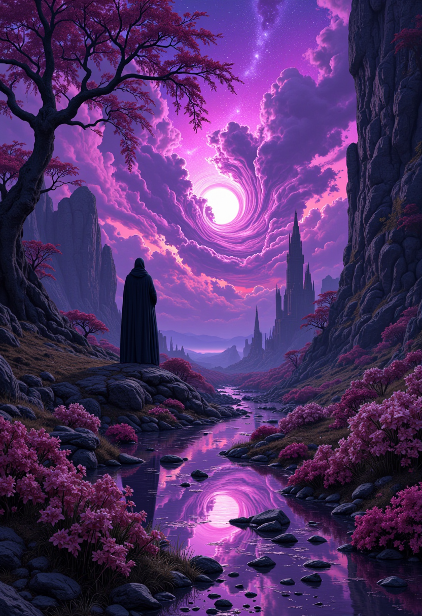 romanticism art by Rembrandt van Rijn, Frank Miller and Bastien Lecouffe-Deharme, As the sky turns a deep shade of purple, swirls and twists, it becomes impossible to see any time. In this scene, a dreamlike landscape stretches out before you, with intricate patterns and textures etched into its surface. , superhero comics,  naturalistic and atmospheric landscapes,  soothing voice,  charcoal animation,  juxtaposition of beauty and decay,  distinctive coloration,  meticulous brushwork,  khaki,  elegant subjects,  activewear,  precise detail,  submerged installations, beautiful detailed, enhanced quality, contemporary, beautiful detailed supreme quality color intricate, epic, <lora:models\Flux\MysticFantasy:0.3> <lora:models\Flux\custom\psychedelic-cyberpunk-000003:0.3> <lora:models\Flux\colouringpagesFLUX2:0.3> <lora:models\Flux\custom\holo-lofi-000008:0.3> <lora:models\Flux\custom\apostle-of-decay-2-000007:0.3>,