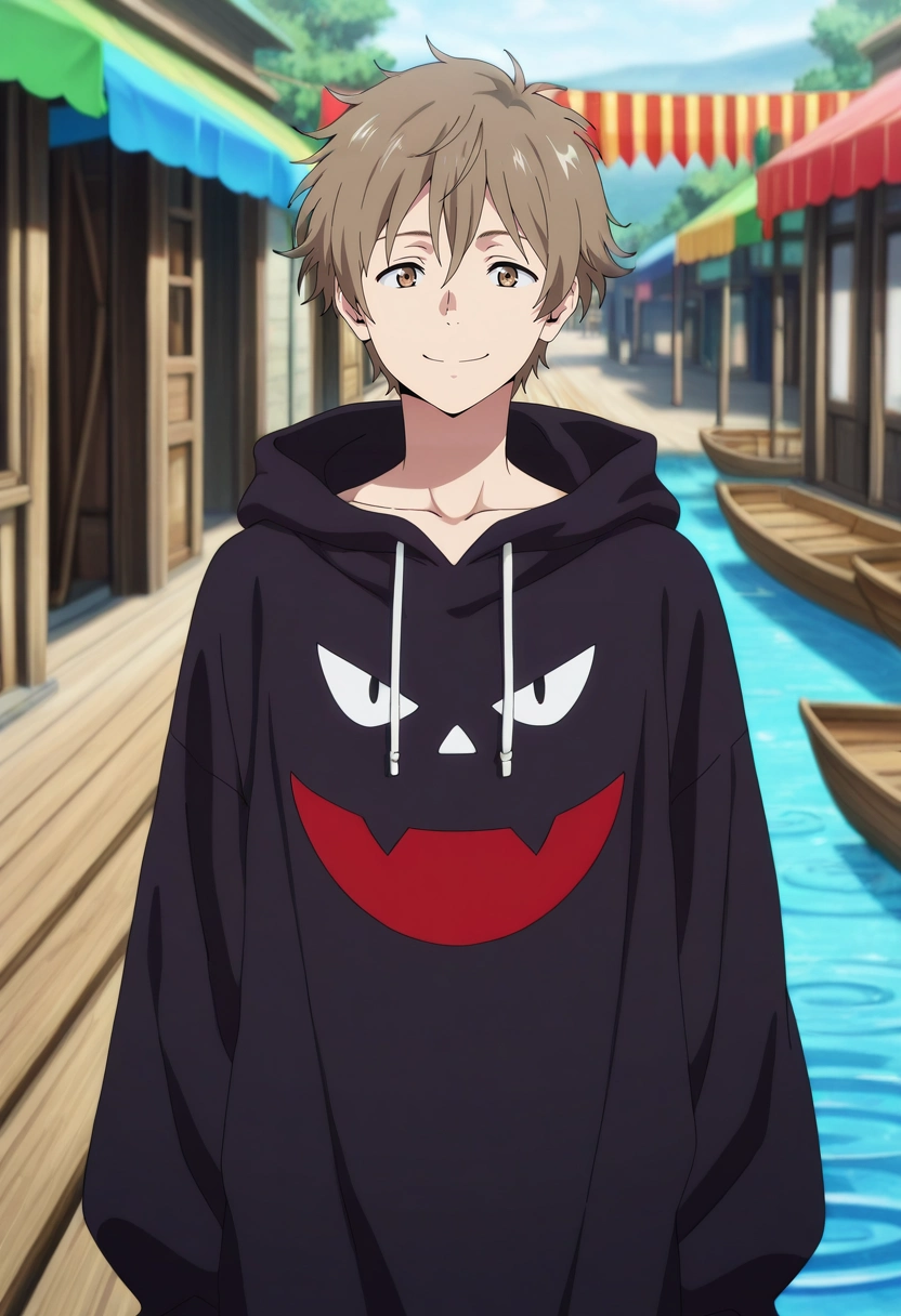 masterpiece, best quality, , anime screencap, anime coloring, official style, looking at viewer, 1boy, solo, male focus, <lora:shun_hashimoto_ilxl:0.9>, shun_hashimoto, brown hair, brown eyes, short hair, floating market, wooden boats, colorful awnings, water ripples, bargaining pose, friendly smile, early morning, demon costume