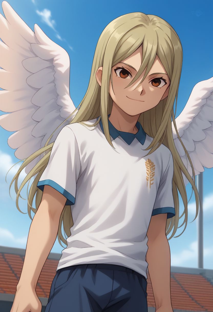 core_9, score_8_up, score_7_up, source_anime, highly detailed, slender, skinny, cute, 1boy, solo, male_focus,
byron, male focus, 1boy, solo, long hair, sky, cloud, blonde hair, day, soccer uniform, smile, sportswear, brown eyes, angel wings,