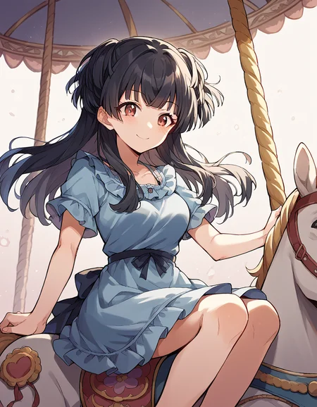 score_9, score_8_up, score_7_up, source_anime, <lora:fuyuko-mayuzumi-ponyxl-lora-nochekaiser:1>, fuyuko mayuzumi, black hair, brown eyes, long hair, two side up, medium breasts, <lora:carousel-ponyxl-lora-nochekaiser:1>, carousel, sitting, riding,, blush, smile, casual dress, solo,,