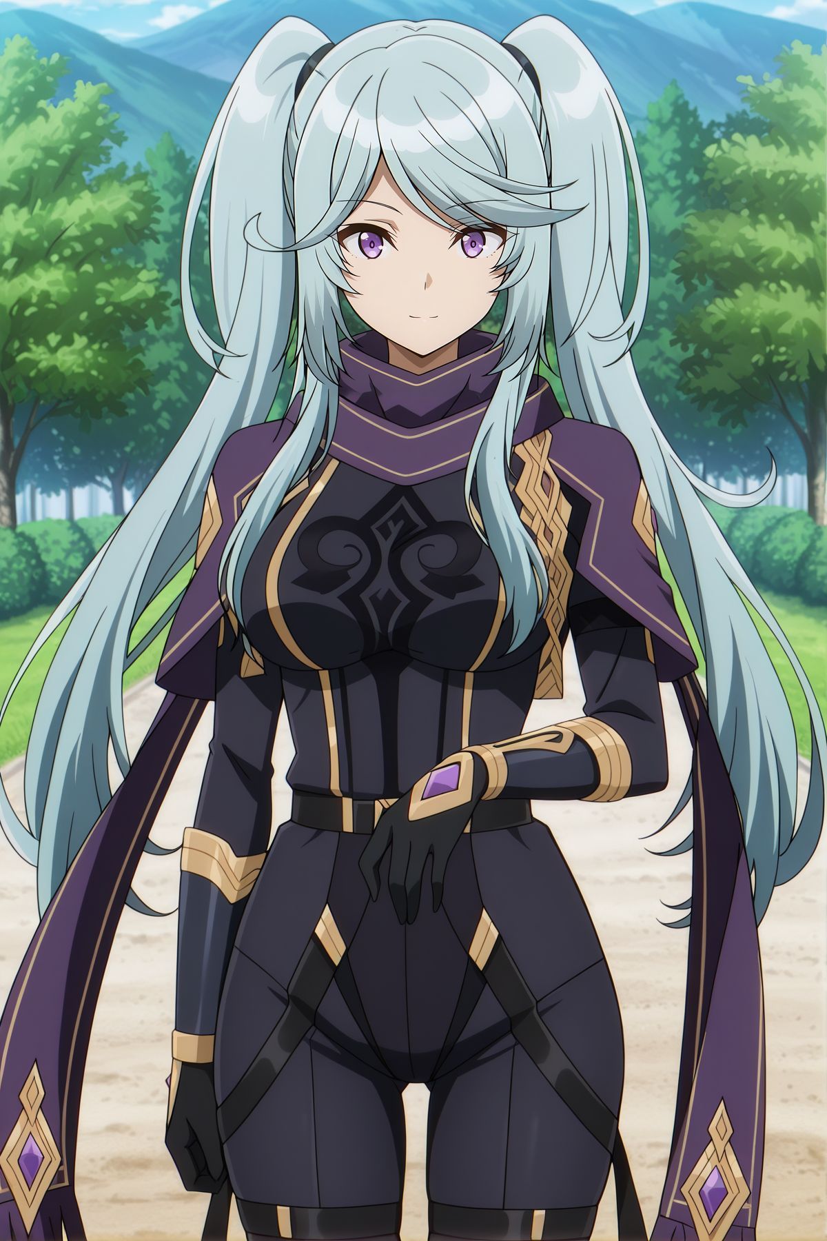 absurdres, highres, masterpiece, best quality, amazing quality, official anime artwork, screencap, anime screencap, outdoors, looking at viewer, light smile, dynamic pose, standing,
 <lora:Epsilon_Illustrious:1> Epsilon, 1girl, solo, purple eyes, blue hair, long hair, twintails, swept bangs, sidelocks, medium breasts,, purple scarf, black bodysuit, gold trims, purple gem, black gloves, black belt, thigh straps,