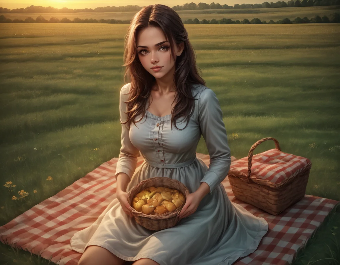 food, picnic, grassy field, basket, masterpiece, detailed, soft lighting, realistic