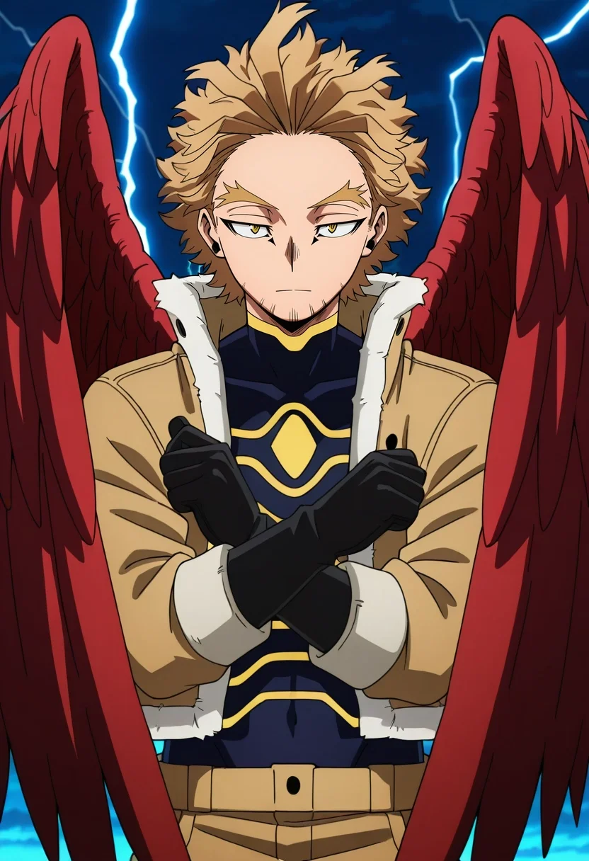 masterpiece, best quality, intricate details, anime screencap, anime coloring, official style, , 1boy, solo, male focus, <lora:keigo_takami_ilxl:0.96>, keigo_takami, hawks \(boku no hero academia\), blonde hair, yellow eyes, short hair, facial hair, stubble, wings, feathered wings, red wings, storm ridge, jagged peaks, lightning trails, echoing winds, bracing pose, unyielding expression, stormy skies,