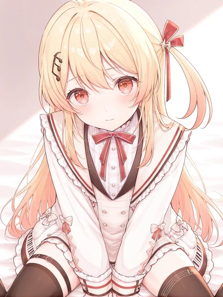 masterpiece,best quality,amazing quality, 1girl, kanade otonose, solo, blonde hair, long hair, red eyes, hair ornament, long sleeves, looking at viewer, bangs, virtual youtuber, dress, bow, red bow, thighhighs, jacket, white jacket <lora:Kanade_Otonose:1>
