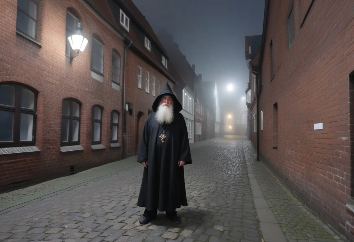 masterpiece, north german downtown, old wizard, wide robes, focus on subject, foggy night, dark night, moon, dim lighting, brick walls, cobblestone, dark background,