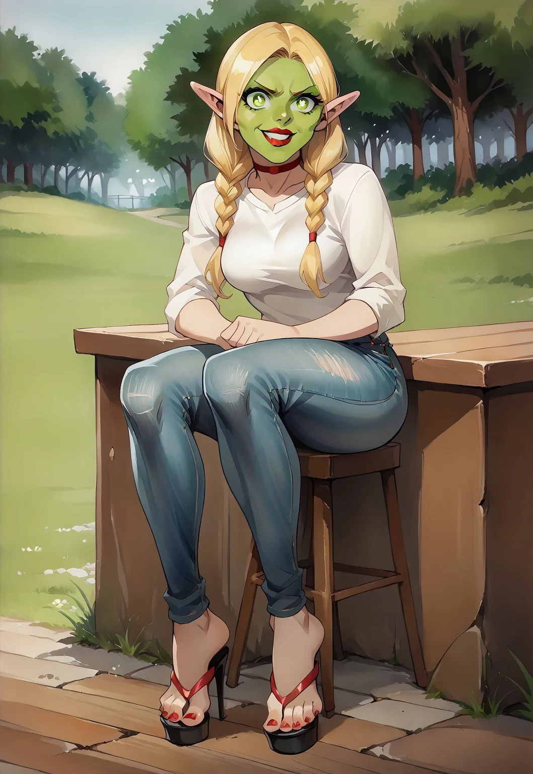 safe_pos, safe_pos, Bob_Style!, score_9, score_8_up, score_7_up, score_6_up, source_anime, anime screencap, anime, (((solo))), (((1girl))), marcille donato, ((long hair)), blonde hair, green eyes, braid, pointy ears, twin braids, elf, bright pupils, ((parted bangs)), red lipstick, green eyes, makeup,
BREAK
(she mask, the mask, (green face|green rubber face), green mask, green skin),
big eyes:1.2, makeup, long eyelashes, high cheekbones:1.22, cleft chin:1.12, thick lips, red lipstick
BREAK
no eyebrows, crazy eyes, wicked grin, psychopath,
BREAK
(((standing))), (((ripped jeans))), (((tight jeans))), ((skinny jeans)), (cute sweater), choker, red choker, goth, black and pink sandals, RealFlipFlops, sandals, (((high heels))), (((black and pink high heels))), platform high heels, (((large breasts))), ((thick legs)), ((thick thighs)),
((sitting on wooden chair)), (((full body))), seductive smile, looking at viewer, (((sexy pose))), dark void
BREAK
outdoors, american plains, trees, wooden fences, fields, dim lighting, tile floor, watercolor \(medium\), traditional media,
BREAK
Feet, (((toes))), pedicure, red toenails, (((detailed feet))), sexy feet, ((foot focus))