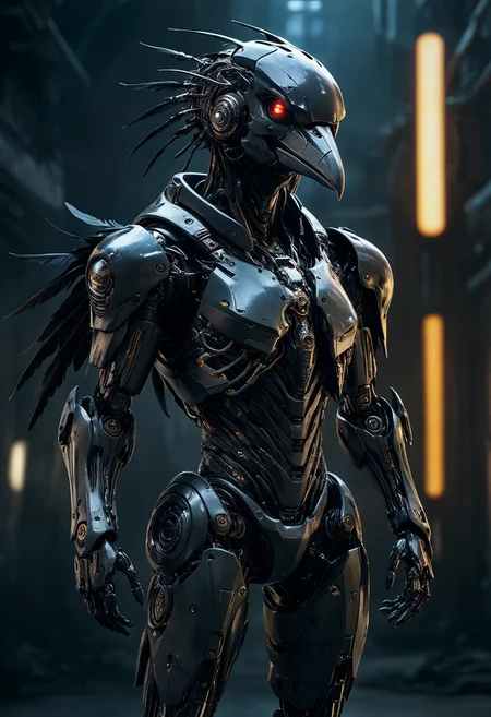 sci-fi, designed by James Paick, digital art, (robot Raven:1.2), it is dressed in cybernetics, its cybernetics is inspired by the 90's anime, in focus, Fantasy, dramatic lighting, anime style, high quality photography, 3 point lighting, flash with softbox, 4k, Canon EOS R3, hdr, smooth, sharp focus, high resolution, award winning photo, 80mm, f2.8, bokeh