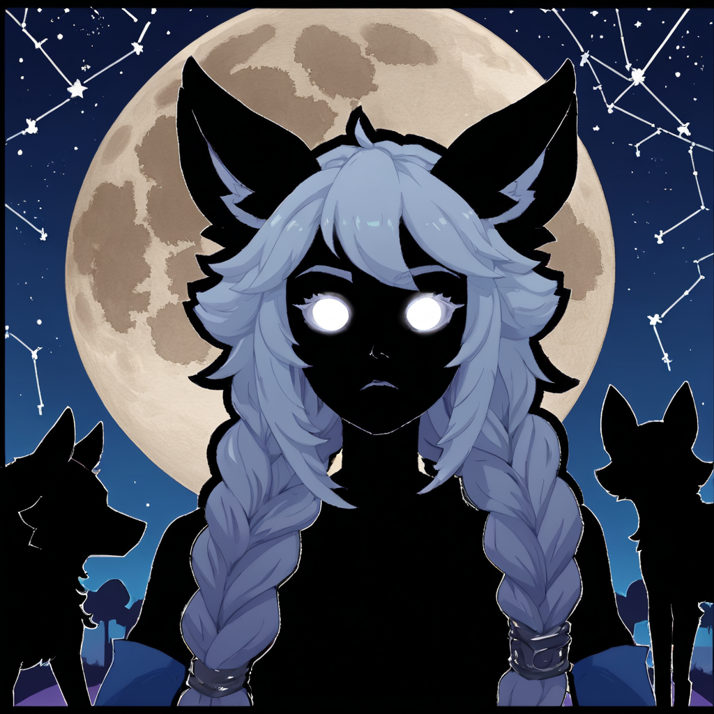 1girl, <lora:Io-11PLDXL:0.8>, ioxl, silhouette, stars, constellation, night sky, oil painting, outline,  glowing eyes, braid, moon only, animal silhouette in background, human, wolf, deer, rabbit,