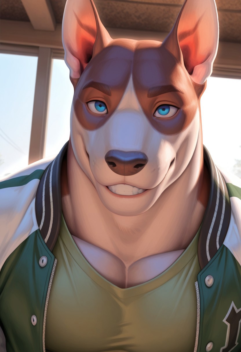 Dan, solo, bull terrier, furry, tail, detailed eyes, perfect eyes, perfect face, grin, brown fur, two-tone fur, white fur, blue eyes, muscular, bara, manly, mature, large pectorals, face focus, portrait, dynamic angle, green shirt, letterman jacket, open jacket, BREAK masterpiece, best quality, amazing quality, very aesthetic, high resolution, 4K, extremely-detailed, depth of field, separate focus, newest, scenery, detailed fur, detailed muscles, semi realistic lighting, vibrant colors, high sharpness, soft shading, photorealism, photorealistic,  <lora:Dan_Meeshv2:1>