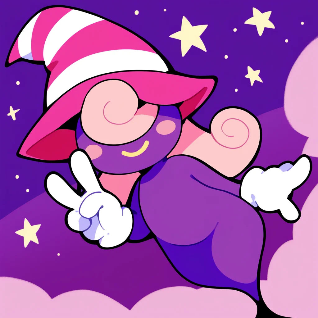 score_9, score_8_up, score_7_up, score_6_up, source_anime, best quality, purple background, clouds, stars, BREAK 1girl, solo, vivian_(\paper_mario\), purple body, pink hat, witch hat, gloves, ghost, pink hair, long hair, no eyes, no legs, smile, peace sign, looking at viewer, dutch angle, <lora:PDXL_Vivian_PM:1>