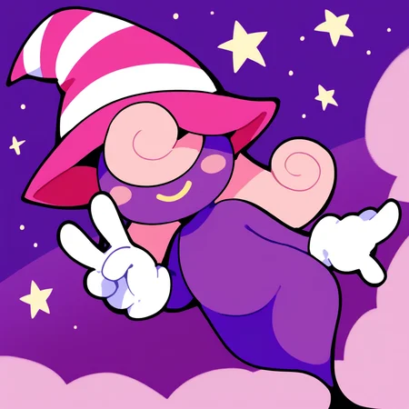 score_9, score_8_up, score_7_up, score_6_up, source_anime, best quality, purple background, clouds, stars, BREAK 1girl, solo, vivian_(\paper_mario\), purple body, pink hat, witch hat, gloves, ghost, pink hair, long hair, no eyes, no legs, smile, peace sign, looking at viewer, dutch angle, <lora:PDXL_Vivian_PM:1>