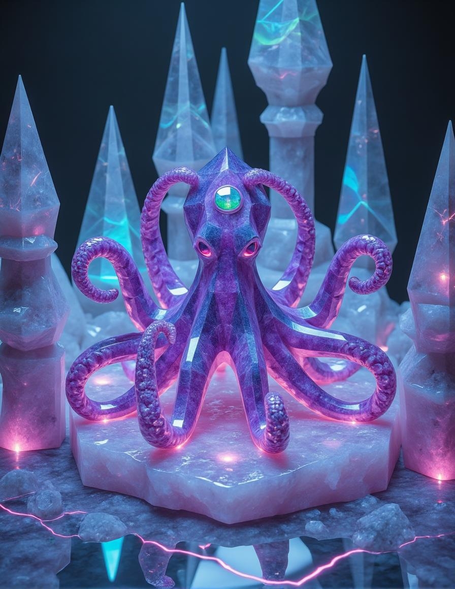 <lora:ck-polygon-gems-0019.safetensors:1> a crafted gemstone model in the style of cklg featuring a
In the heart of an ethereal, neon-lit realm, a magnificent, digital octopus unfurls its tentacles, each one a symphony of geometric precision and organic fluidity. At the center, an eye, vast and profound, gazes with an enigmatic, almost sentient depth. The tentacles, rendered in iridescent purples and electric greens, intertwine and dance, their surfaces smooth and hyper-detailed, reflecting the radiant glow of the environment.
The architecture of this realm is a blend of sharp, angular structures and flowing, dynamic light forms. Neons of vibrant blues and purples cascade along the edges of towering, geometric edifices, casting intricate patterns on the ground below. The light sources, embedded within the structures, emit a radiant glow that enhances the reflections, creating an illusion of infinite space.
Symmetry and organized complexity coexist here, with rigid lines balancing the flowing, particle-like energy waves. The atmosphere is one of high-tech mystery and transcendence, as if the very essence of the digital and the organic have merged to create a transcendent, surreal landscape.
The background, a starkly dark, ethereal backdrop, serves to heighten the contrast and focus on the vibrant, detailed main subject. The flat, light greyish-purple hue is transformed into a canvas of deep, dark shadows, allowing the neon purples, electric greens, and vibrant blues to shine with an otherworldly brilliance. This scene, a fusion of sci-fi and digital surrealism, invites the observer to delve into a realm where the boundaries of reality and imagination blur.