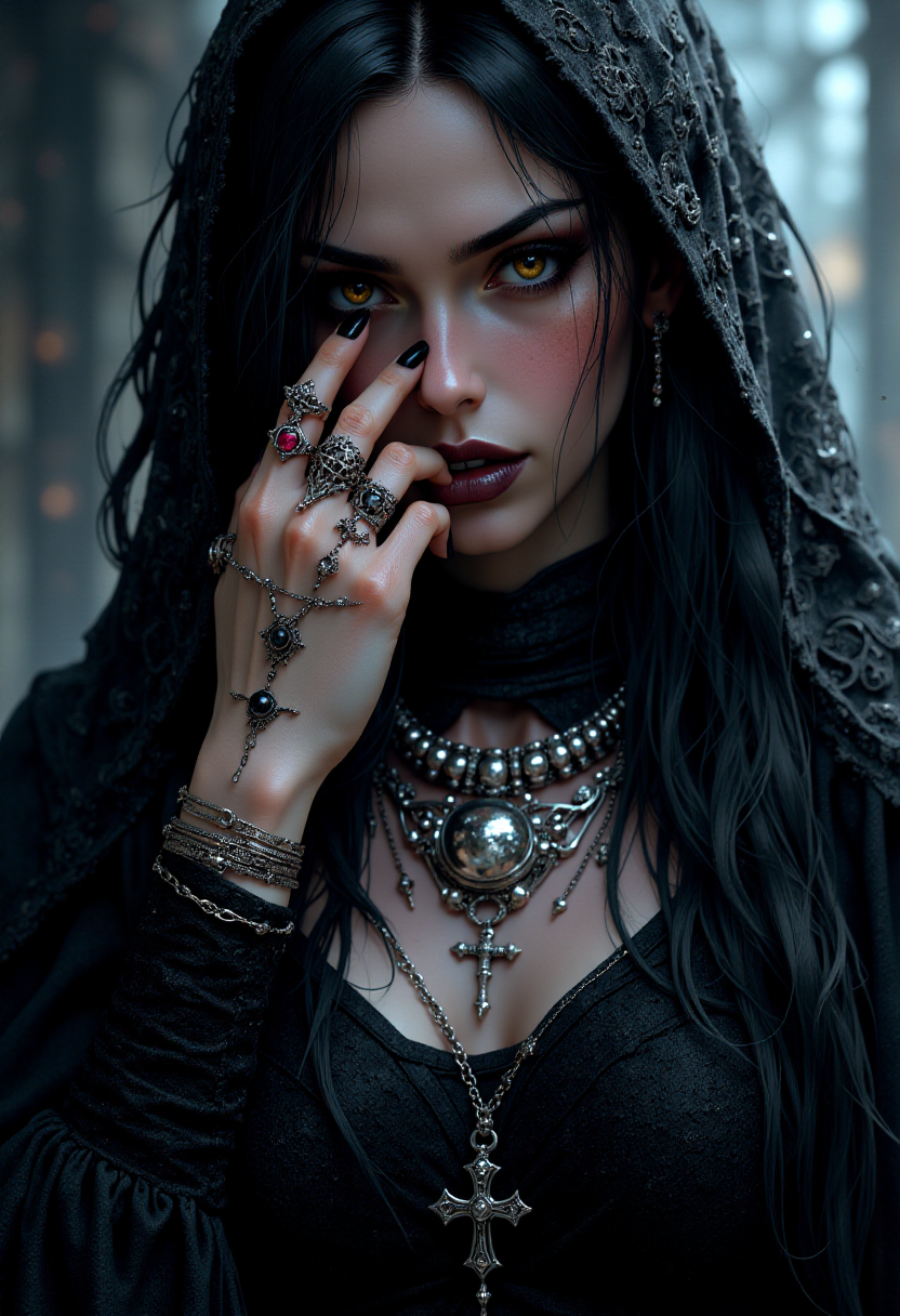 mythp0rt, (amazing transcendental's dream:3.5) The photo depicts a powerful gothic sorceress, her face partially hidden by her elegantly adorned hand. She has pale, slender fingers, on which several silver magical rings, set with dark gemstones like onyx and amethyst, glimmer. Her hand is decorated with mysterious tattoos that seem to pulse with a dark energy.She wears a gothic ensemble, a black velvet dress richly embroidered with occult patterns. Her long black hair frames her pale face, and her eyes, accentuated with dark makeup, shine with an intense light. Large silver necklaces, with pendants shaped like crosses and ancient symbols, rest on her chest. The background is misty, with shadows dancing around her, enhancing the mystical and sinister atmosphere of the scene,  (maximum ultra high definition image quality and rendering:3), maximum image detail, maximum realistic render, (((ultra realist style))), realist side lighting, , 8K high definition,  realist soft lighting, (amazing special effect:3.5) <lora:FluxMythP0rtr4itStyle:1>