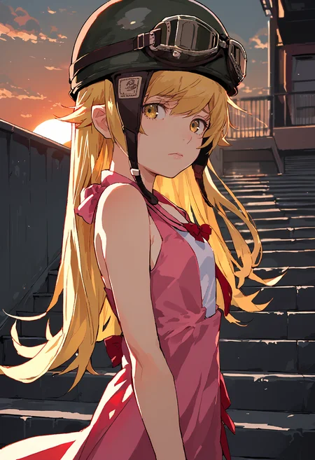 score_9, score_8_up, source_anime,1girl,solo,oshino shinobu,blonde hair,long hair,bangs,yellow eyes,eyebrows,hair behind ear,pink dress,sleeveless,bare shoulders,red bowtie,aviator helmet,stairs,from the side,closed mouth,sad,sunset,floating hair
