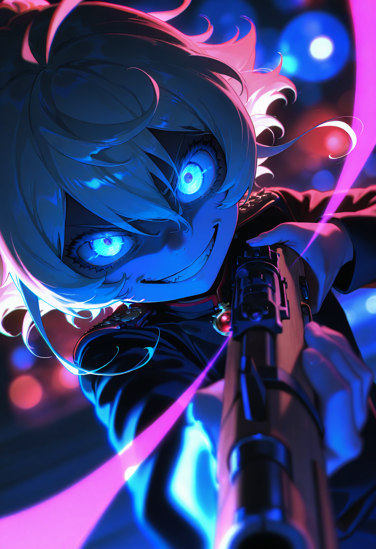 masterpiece, best quality, amazing quality, very aesthetic, absurdres, newest, scenery, photorealistic, 1girl, tanya degurechaff, bust up, close-up, dutch angle, looking at viewer, (evil smile:1.2), holding rifle, aiming at viewer, shaded face, glowing eyes, glowing magic circle, underlighting, neon outline, thick outline, harsh lines, bold, highlighter colors, (bright colors:1.2), contrasting colors, hdr, polarized, chromatic aberration, artistic filter, (bokeh, shallow depth of field:1.2),