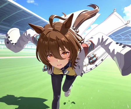 masterpiece, best quality, amazing quality, , 1girl, solo, umamusume, racetrack, running, <lora:Agnes Tachyon in game style 3D ILL-v2.1:1> ummsmingame, 3d, agnes tachyon \(umamusume\), sleeves past fingers