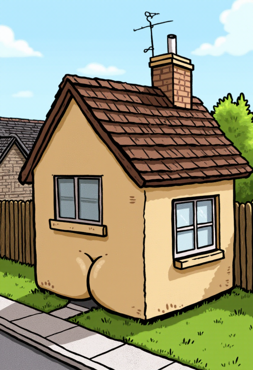 <lora:Butt_Stuff_FLUX-000018:1> 
Cartoon illustration of a house shaped like a human buttocks, with exaggerated proportions. Suburban background