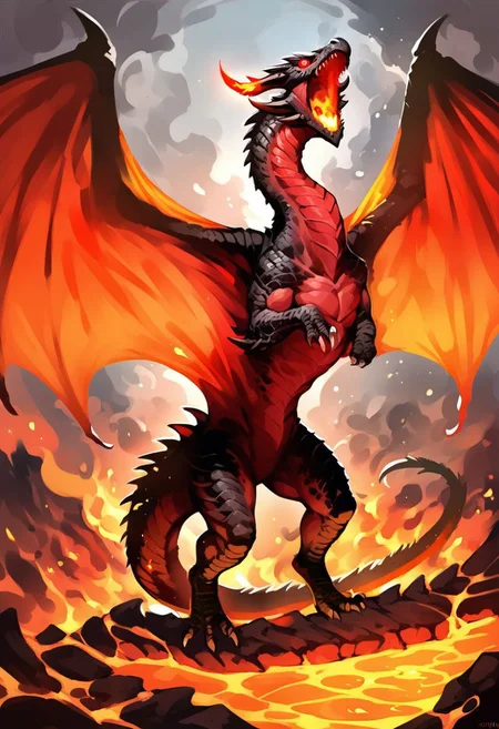 score_9, score_8_up, score_7_up, source_anime, Massive Fire Elemental dragon, feral dragon, Red skin, black scales, in all fours, roaring, bipedal legs, fire wings, glowing red eyes, lava background, (sfw, monster, non human features:1.3), (detailed image, high resolution, 5k resolution:1.0), (fantasy art style, anime art style:0.90)
