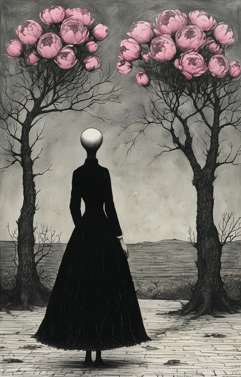 masterpiece,best quality,<lora:tbh276-sdxl:0.9>,illustration,style of Edward Gorey decaying peonies