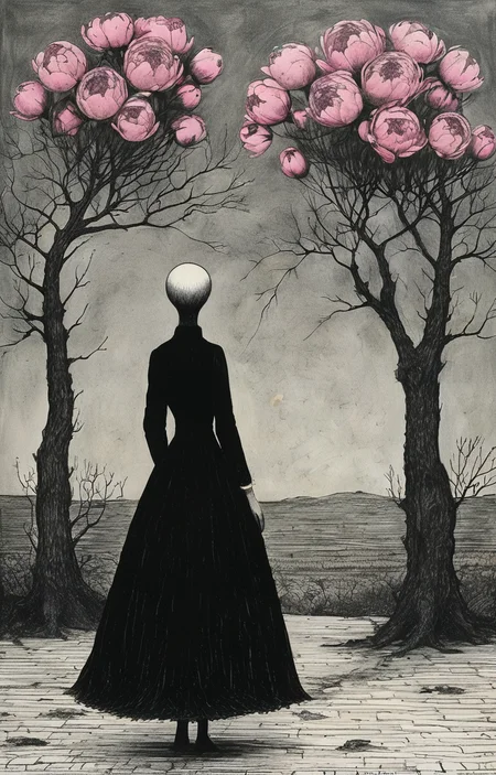 masterpiece,best quality,<lora:tbh276-sdxl:0.9>,illustration,style of Edward Gorey decaying peonies