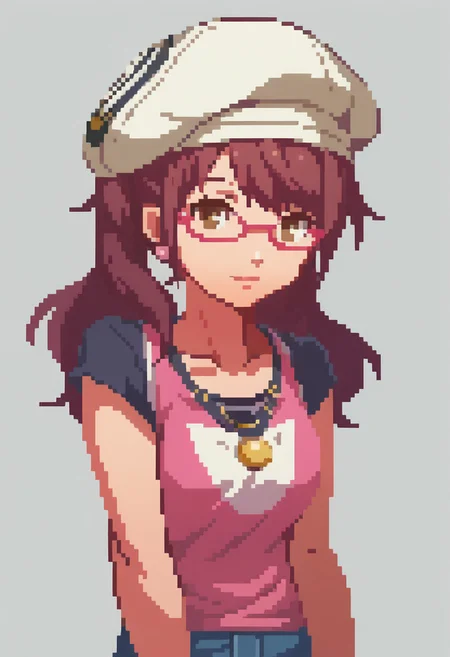 score_9, score_8_up, detailed, absurdres, extreme_quality, anime style, portrait, upper body portrait, slight side angle, rpg portrait, rpg, portrait, , shadow, plain background, light grey background, , upper body focus, face focus, looking at viewer, slight smile, p4rise, kujikawa, rise, twintails, long hair, brown hair, pink earrings, glasses, pink-framed eyewear, p4rise-sumcas2, alternate hairstyle, hair down, hat, casual, t-shirt, black t-shirt, tank top, pink tank top, layered shirt, shorts, blue shorts, denim shorts,