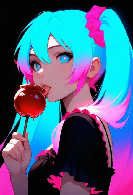 ((masterpiece, best quality, very aesthetic)), hatsune miku, pink hair scrunchie, (licking:0.8), black nightgown, frills, short sleeves, holding candy apple, glowing candy apple, black background, colorful, glowing hair, looking at viewer, portrait, from side,