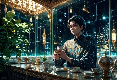 (score_9, score_8_up, score_7_up:1.5), light particles, melancholic, 1boy, solo, drinking, holding teacup, sitting, cowboy shot, on counter, hotel entrance, disco, reflection, extremely detailed, 8k, best quality, amazing quality, best aesthetic, absurdres, (mjv3:2.0), (horror \(theme\):1), <lora:mjv3_pony-3:0.5>
